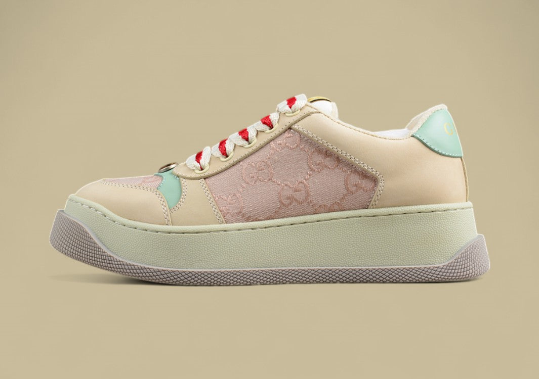 Gucci GG Monogram Platform Sneakers Pastel Beige Low-Tops with Mint & Red Accents