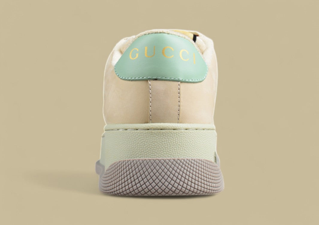 Gucci GG Monogram Platform Sneakers Pastel Beige Low-Tops with Mint & Red Accents