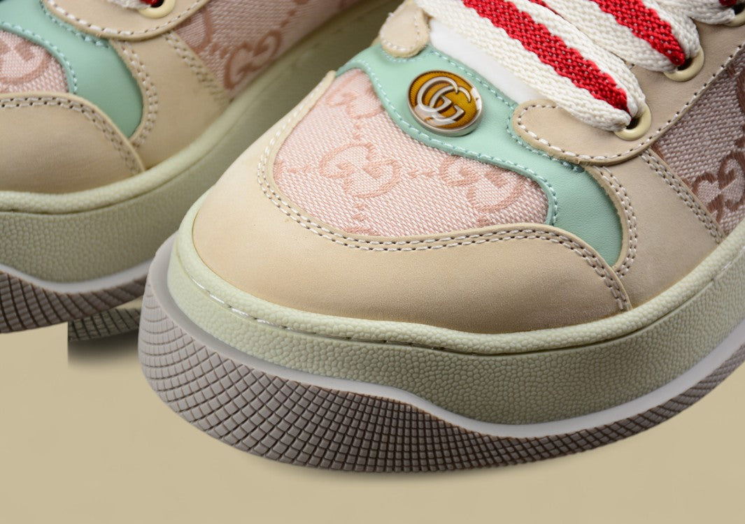 Gucci GG Monogram Platform Sneakers Pastel Beige Low-Tops with Mint & Red Accents