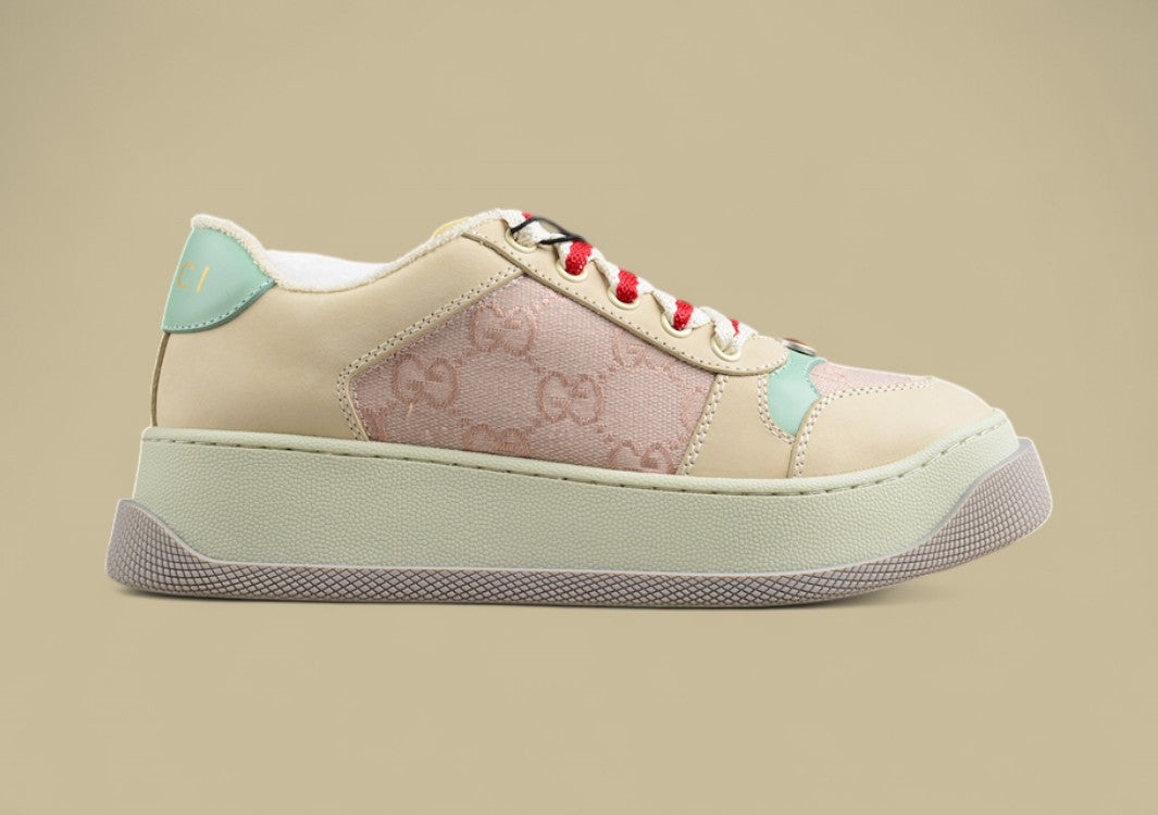 Gucci GG Monogram Platform Sneakers Pastel Beige Low-Tops with Mint & Red Accents