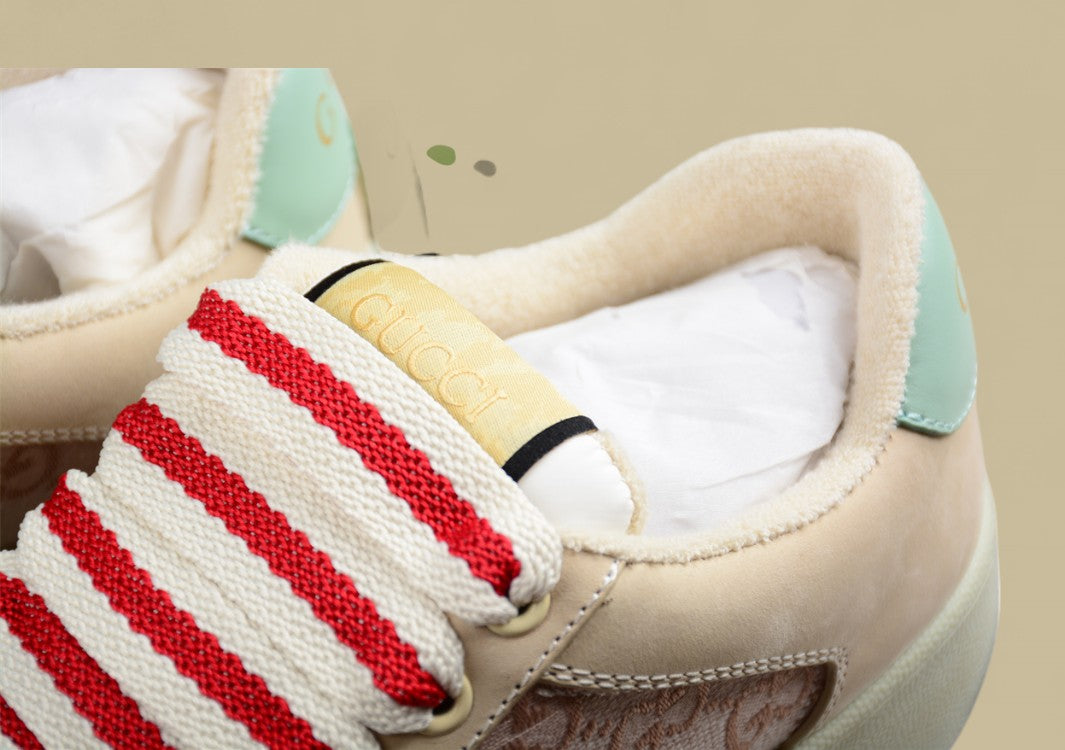 Gucci GG Monogram Platform Sneakers Pastel Beige Low-Tops with Mint & Red Accents