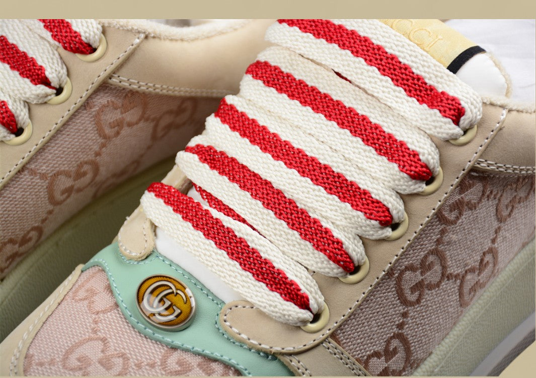 Gucci GG Monogram Platform Sneakers Pastel Beige Low-Tops with Mint & Red Accents