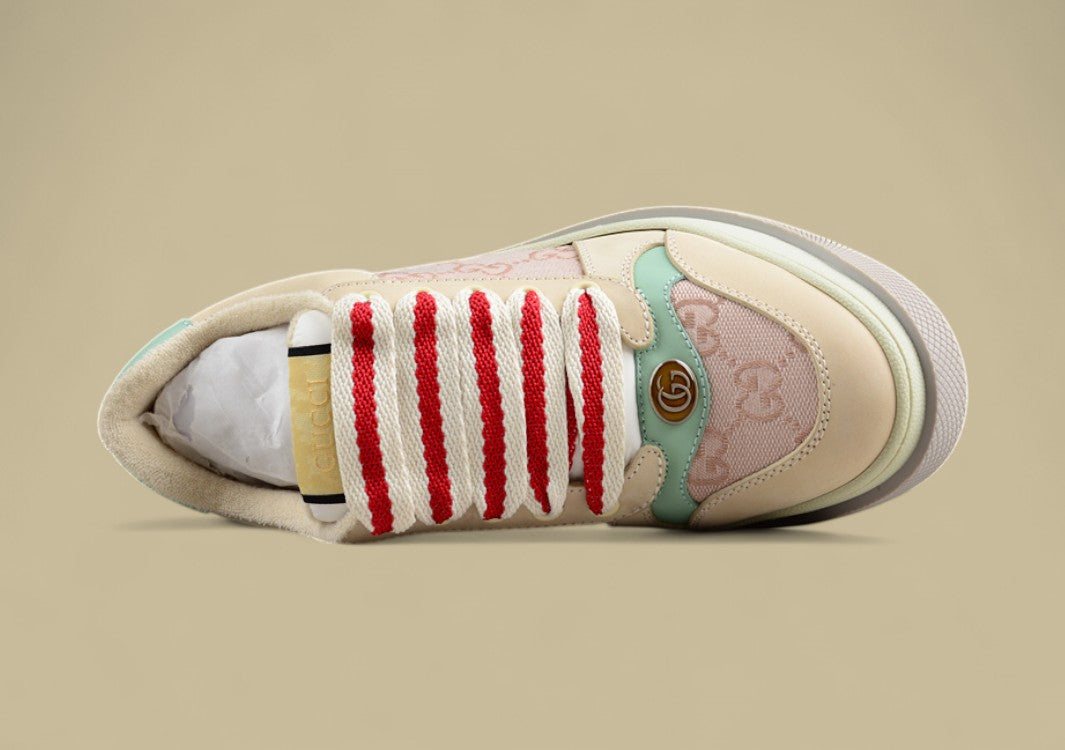 Gucci GG Monogram Platform Sneakers Pastel Beige Low-Tops with Mint & Red Accents