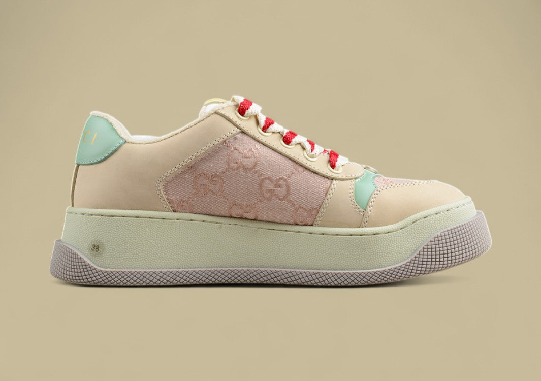 Gucci GG Monogram Platform Sneakers Pastel Beige Low-Tops with Mint & Red Accents
