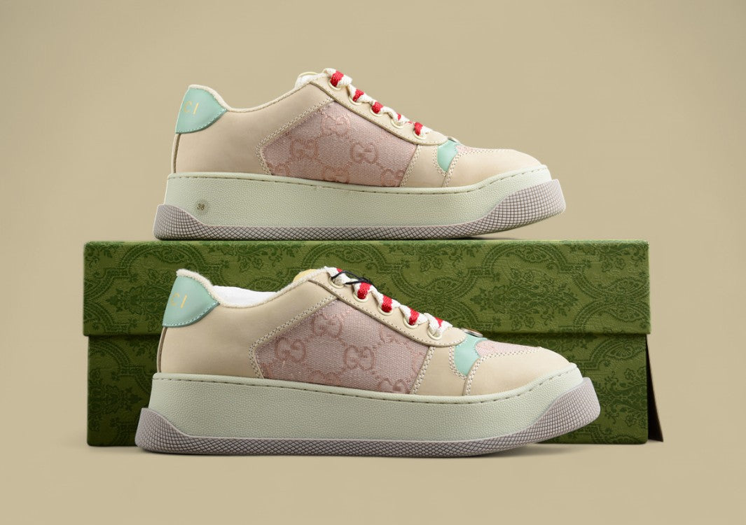 Gucci GG Monogram Platform Sneakers Pastel Beige Low-Tops with Mint & Red Accents