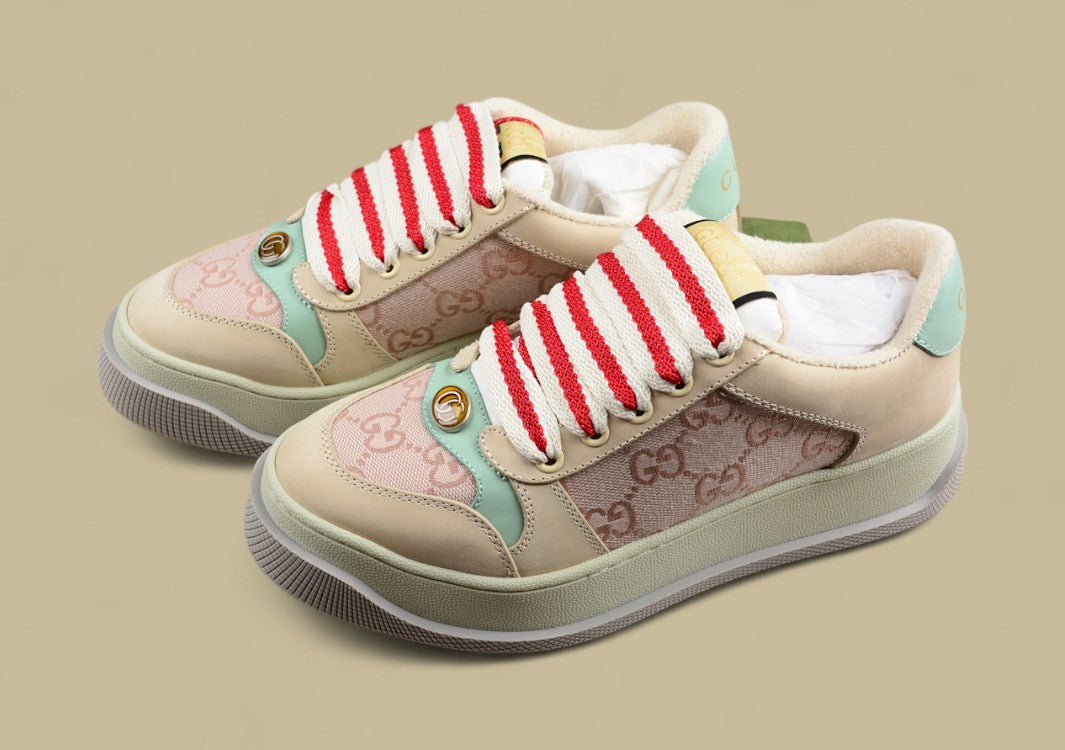 Gucci GG Monogram Platform Sneakers Pastel Beige Low-Tops with Mint & Red Accents