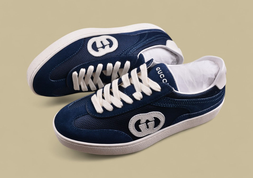 Gucci Navy Retro Low-Tops Classic Court Sneakers with Iconic GG Patch