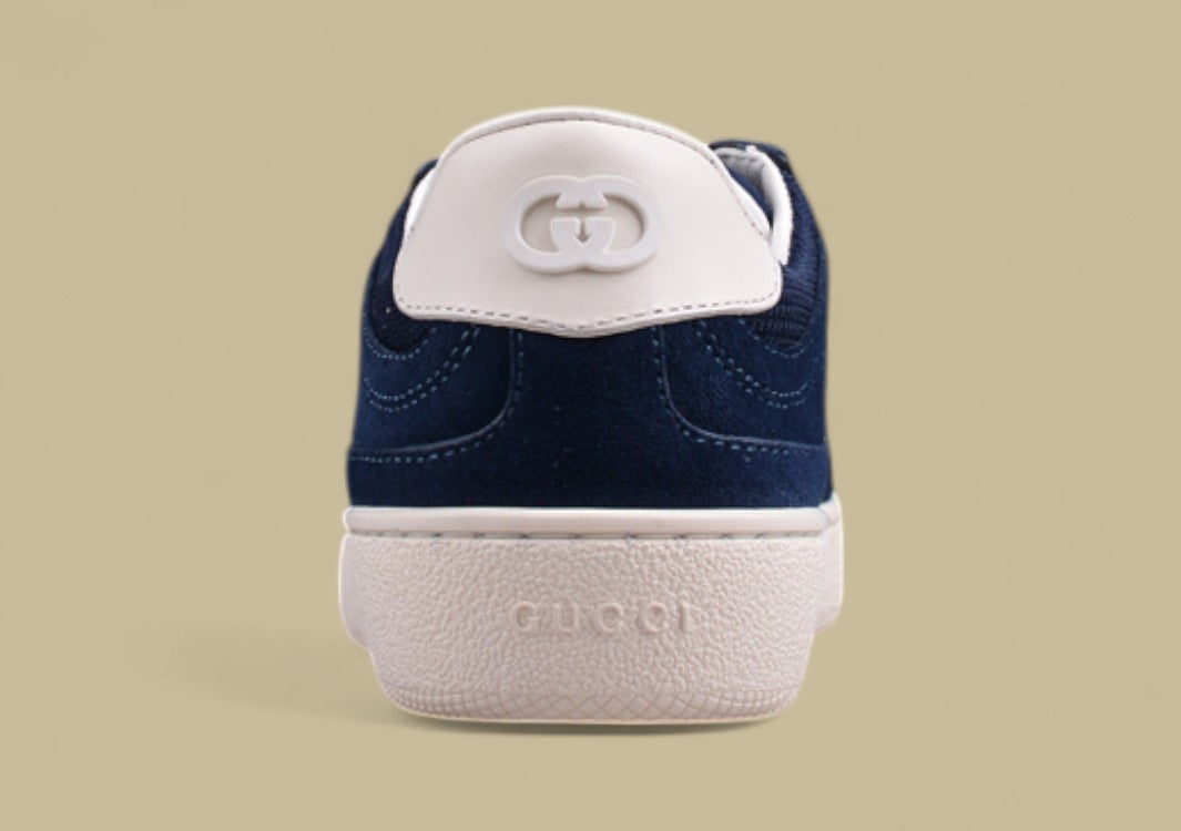 Gucci Navy Retro Low-Tops Classic Court Sneakers with Iconic GG Patch