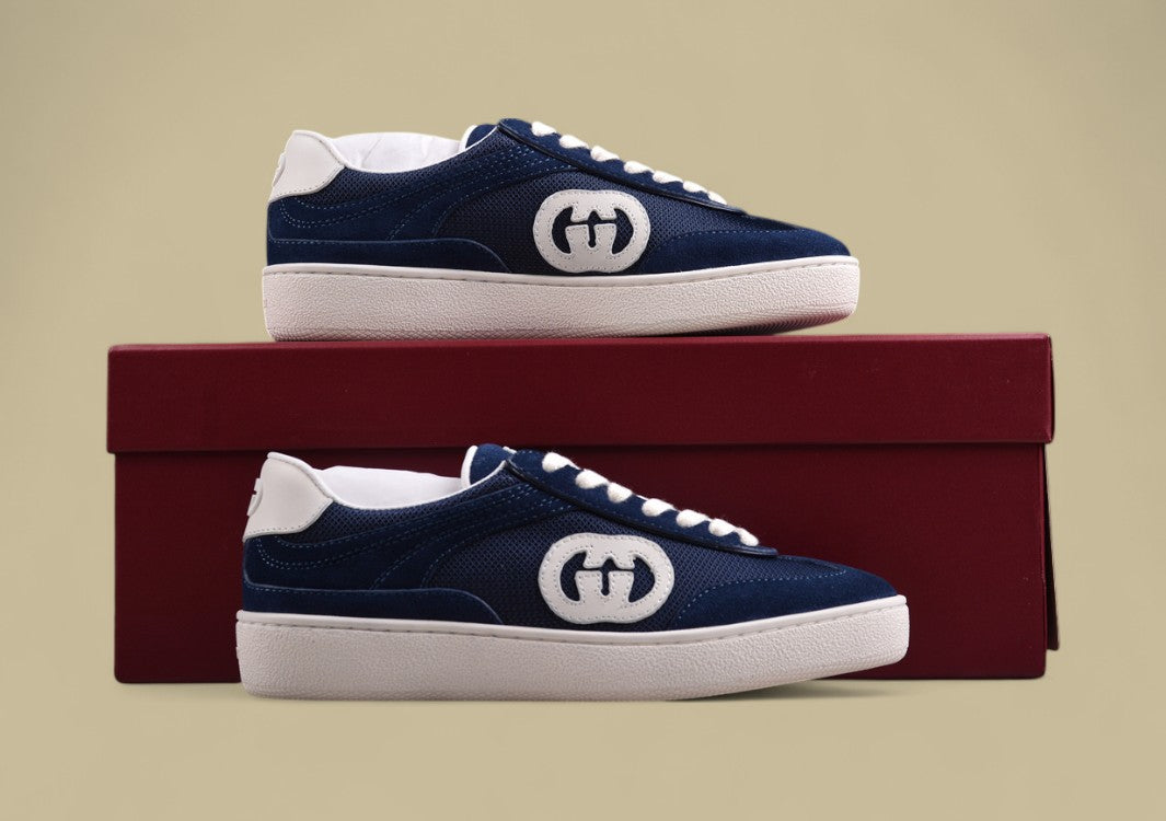 Gucci Navy Retro Low-Tops Classic Court Sneakers with Iconic GG Patch