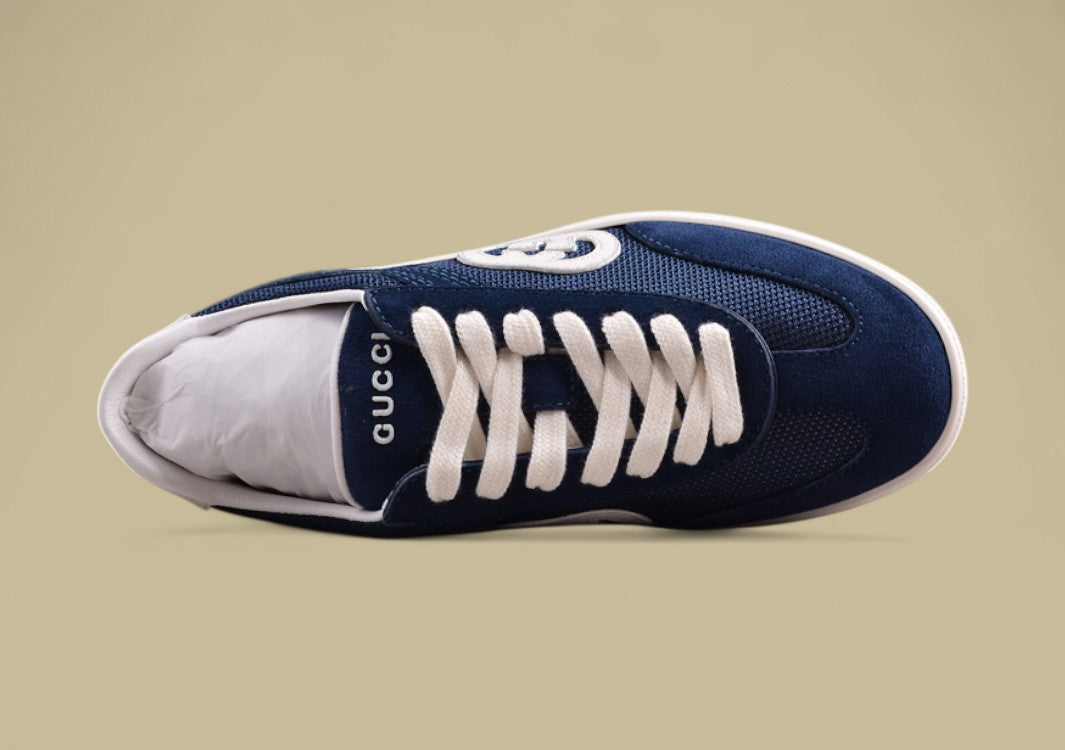Gucci Navy Retro Low-Tops Classic Court Sneakers with Iconic GG Patch