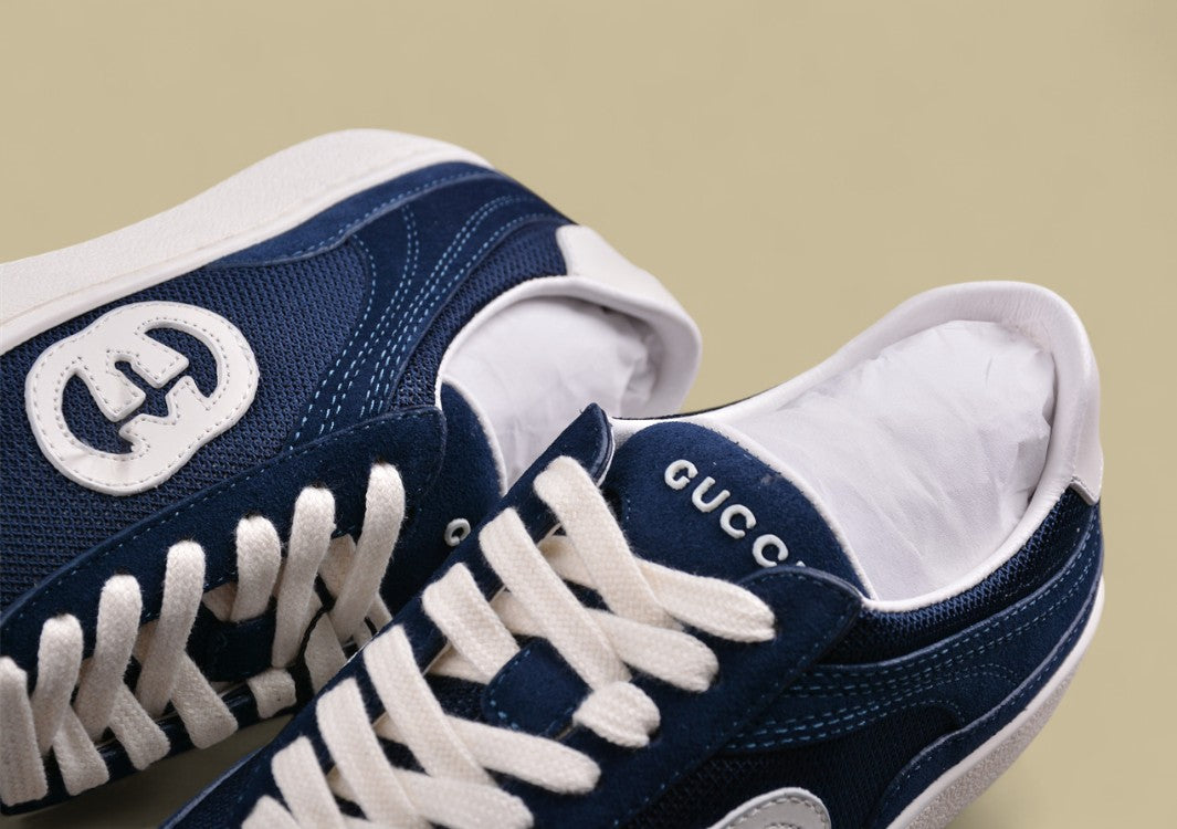Gucci Navy Retro Low-Tops Classic Court Sneakers with Iconic GG Patch