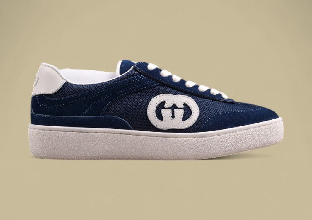 Gucci Navy Retro Low-Tops Classic Court Sneakers with Iconic GG Patch