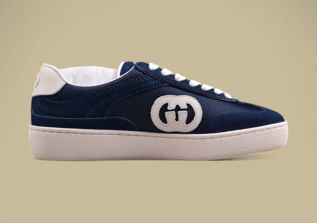 Gucci Navy Retro Low-Tops Classic Court Sneakers with Iconic GG Patch