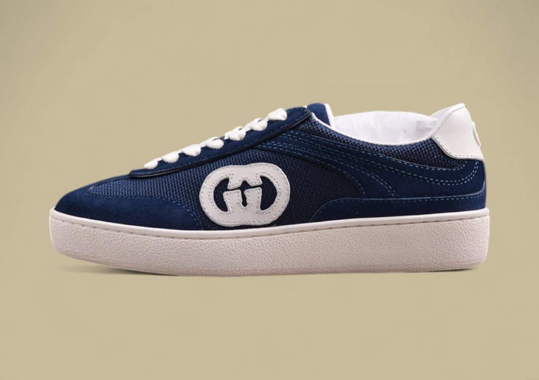 Gucci Navy Retro Low-Tops Classic Court Sneakers with Iconic GG Patch