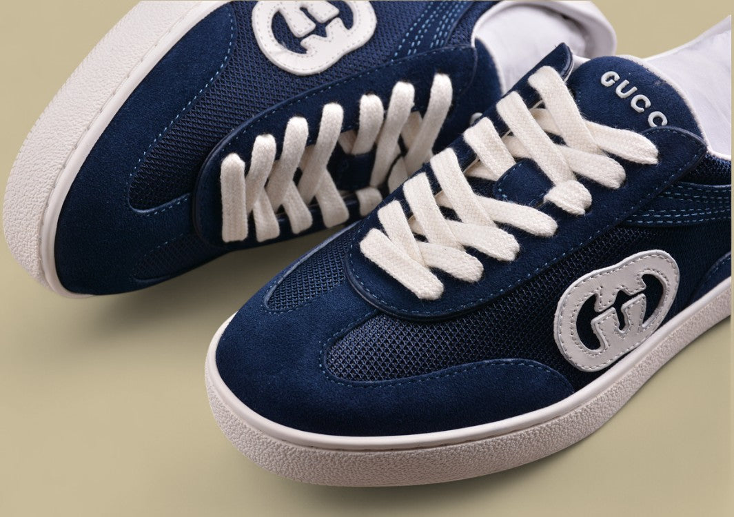 Gucci Navy Retro Low-Tops Classic Court Sneakers with Iconic GG Patch