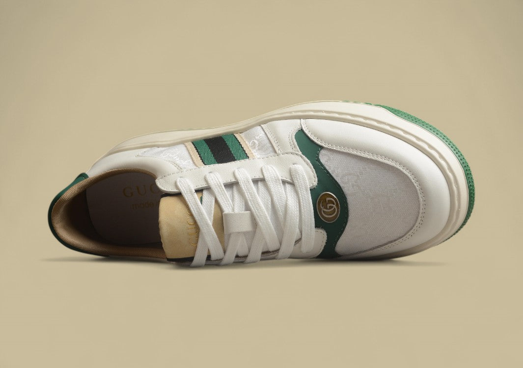 Gucci Platform Web Sneakers White Leather Trainers with Green Stripe and Retro Sole