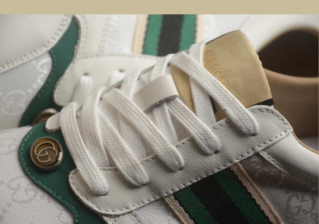 Gucci Platform Web Sneakers White Leather Trainers with Green Stripe and Retro Sole
