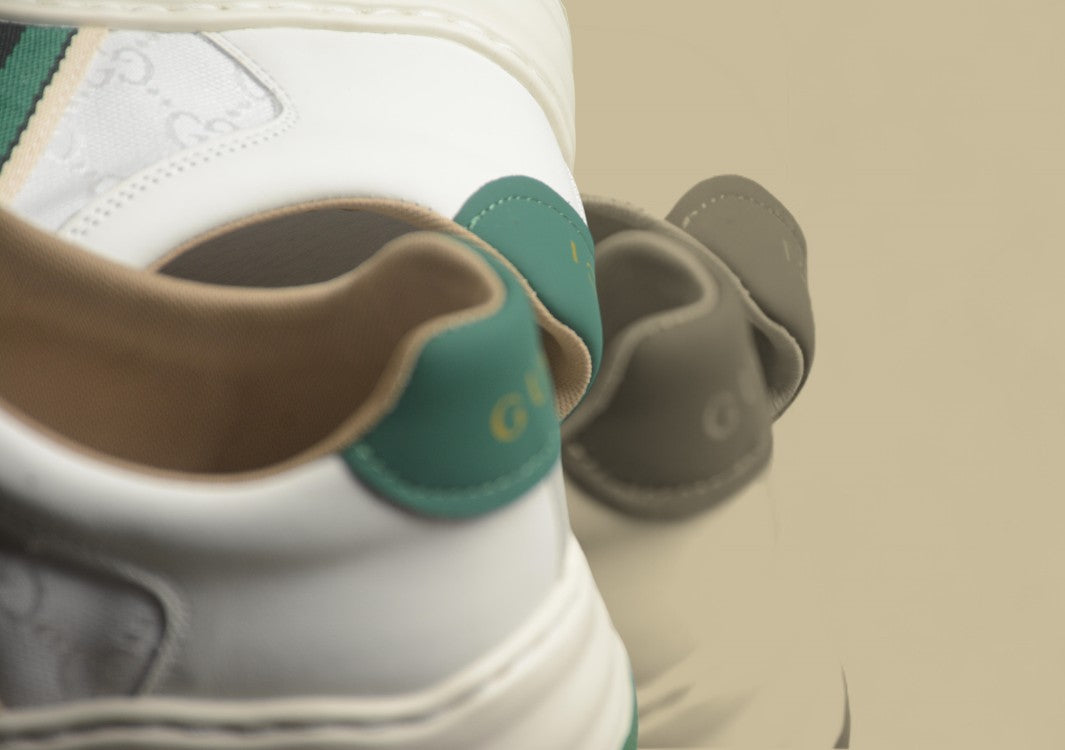 Gucci Platform Web Sneakers White Leather Trainers with Green Stripe and Retro Sole