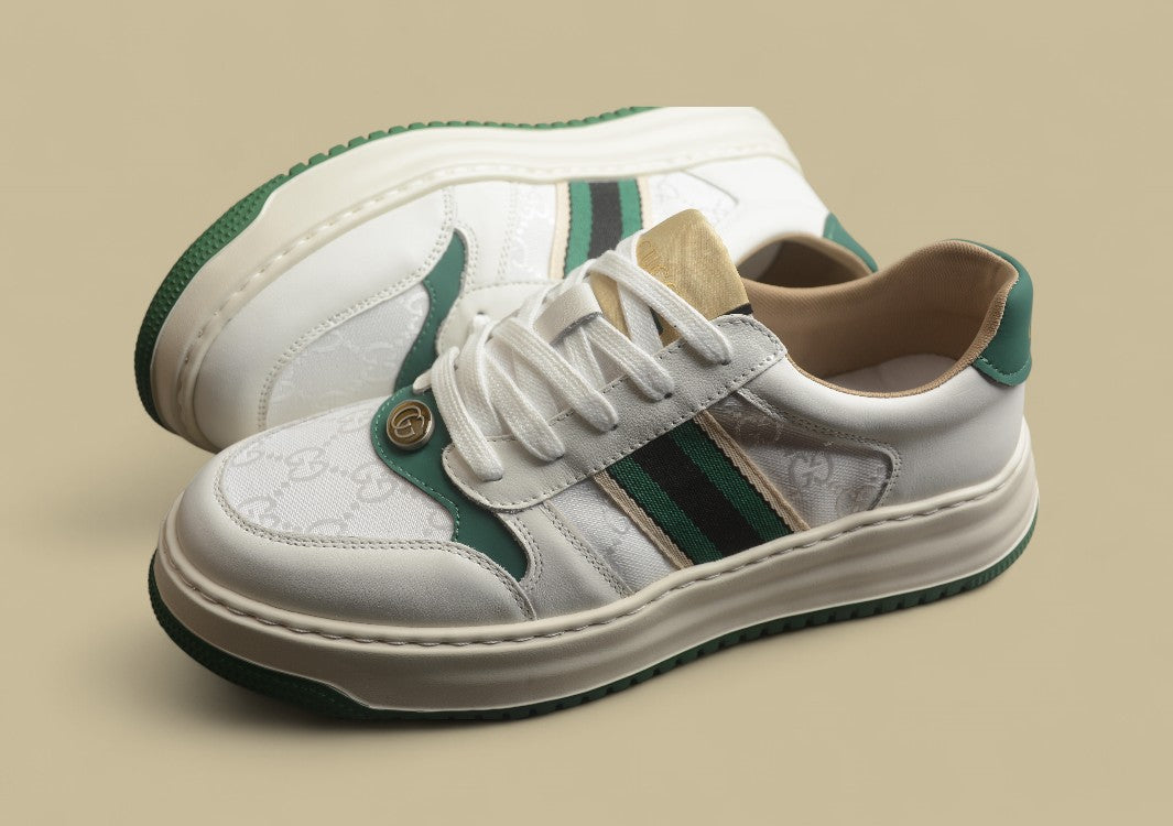 Gucci Platform Web Sneakers White Leather Trainers with Green Stripe and Retro Sole