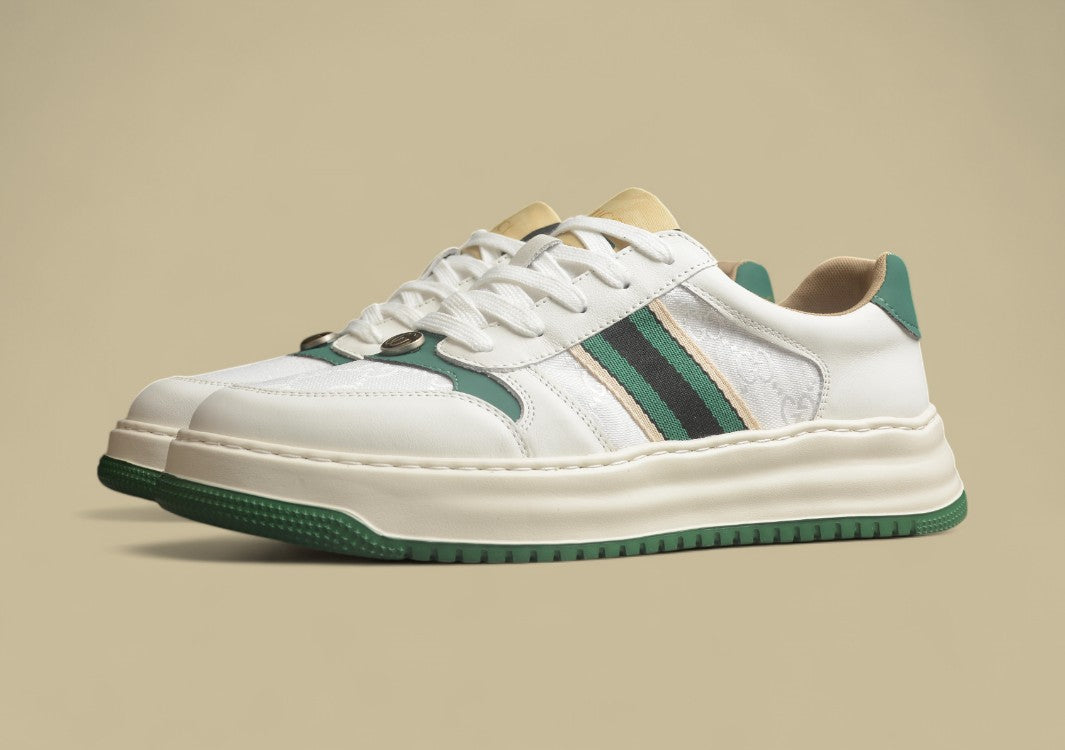 Gucci Platform Web Sneakers White Leather Trainers with Green Stripe and Retro Sole