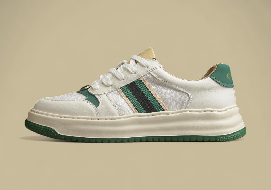 Gucci Platform Web Sneakers White Leather Trainers with Green Stripe and Retro Sole