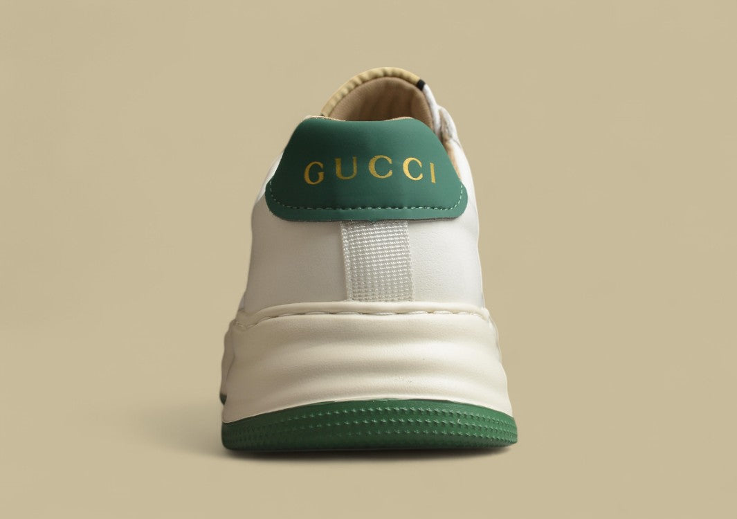 Gucci Platform Web Sneakers White Leather Trainers with Green Stripe and Retro Sole