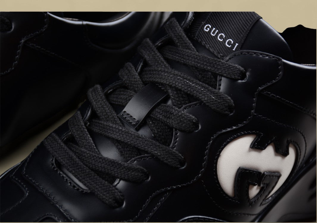 Gucci Rhyton Black Leather Sneakers Chunky Sole Trainers with Oversized White GG Logo
