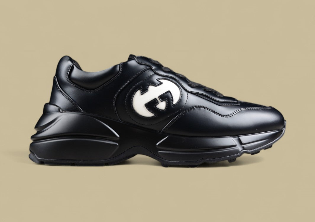 Gucci Rhyton Black Leather Sneakers Chunky Sole Trainers with Oversized White GG Logo