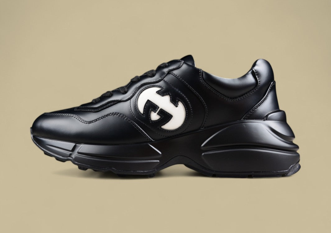Gucci Rhyton Black Leather Sneakers Chunky Sole Trainers with Oversized White GG Logo