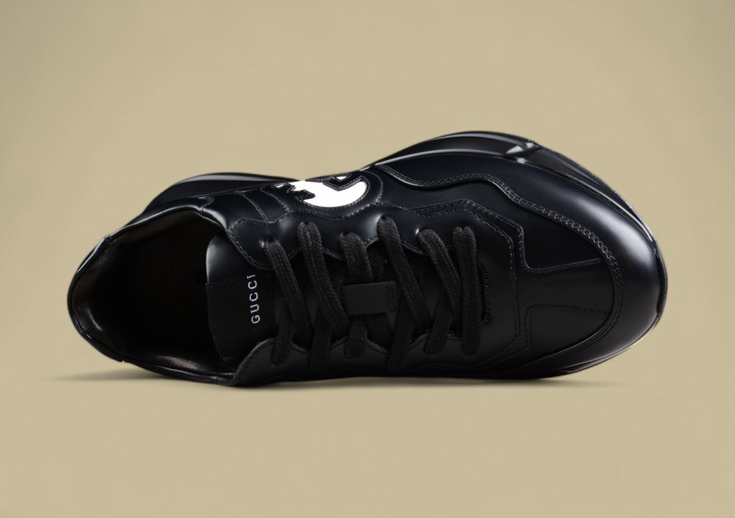 Gucci Rhyton Black Leather Sneakers Chunky Sole Trainers with Oversized White GG Logo