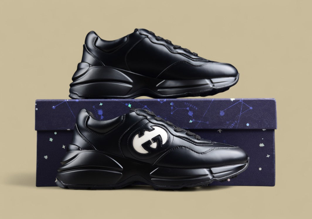 Gucci Rhyton Black Leather Sneakers Chunky Sole Trainers with Oversized White GG Logo