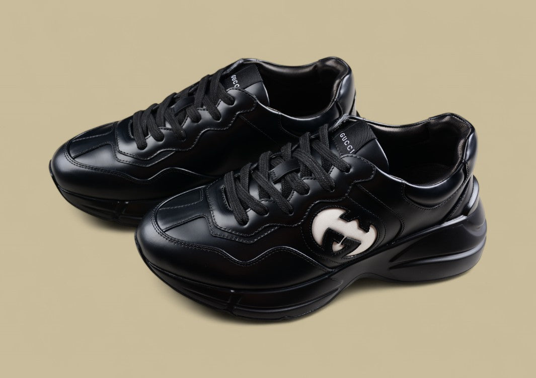 Gucci Rhyton Black Leather Sneakers Chunky Sole Trainers with Oversized White GG Logo