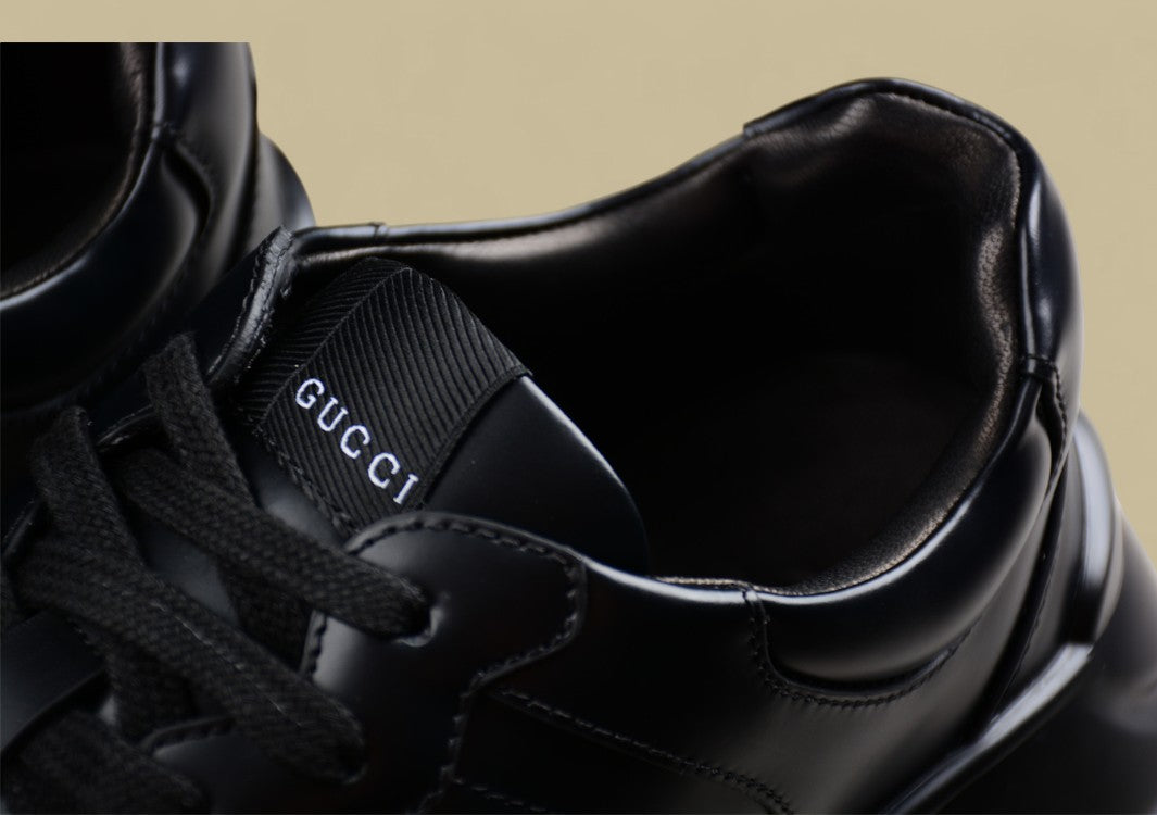 Gucci Rhyton Black Leather Sneakers Chunky Sole Trainers with Oversized White GG Logo