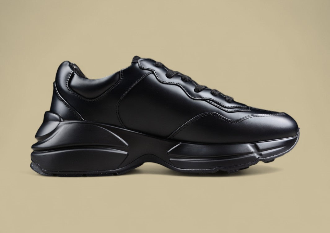 Gucci Rhyton Black Leather Sneakers Chunky Sole Trainers with Oversized White GG Logo