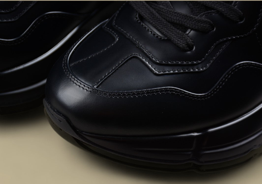 Gucci Rhyton Black Leather Sneakers Chunky Sole Trainers with Oversized White GG Logo