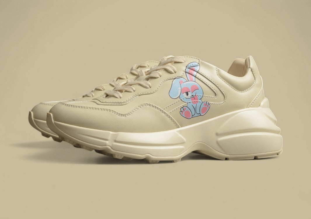 Gucci Rhyton Bunny Sneakers Chunky Cream Leather Trainers with Cartoon Graphic Print