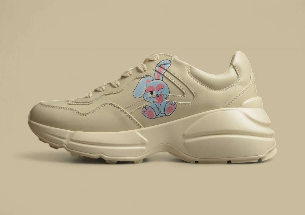 Gucci Rhyton Bunny Sneakers Chunky Cream Leather Trainers with Cartoon Graphic Print