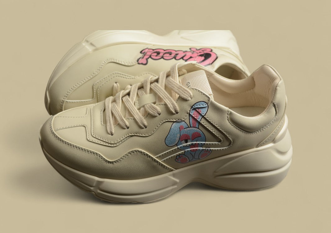 Gucci Rhyton Bunny Sneakers Chunky Cream Leather Trainers with Cartoon Graphic Print