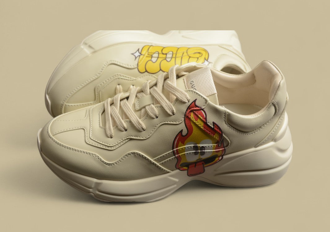 Gucci Rhyton Flame Leather Sneakers Retro Dad-Style Joggers with Vintage Vibe