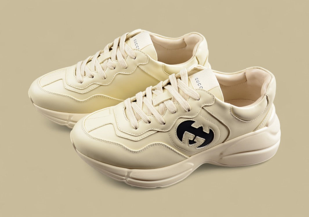 Gucci Rhyton Logo Sneakers Cream Leather Chunky Trainers with Bold Black GG Emblem