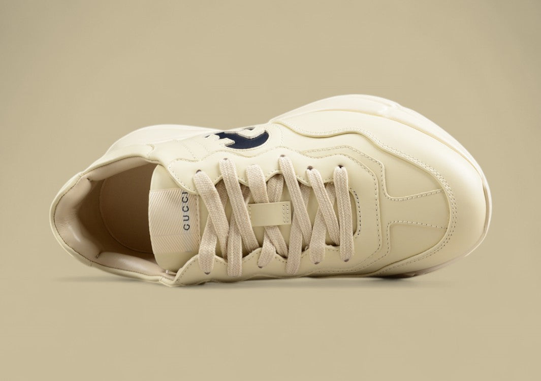 Gucci Rhyton Logo Sneakers Cream Leather Chunky Trainers with Bold Black GG Emblem