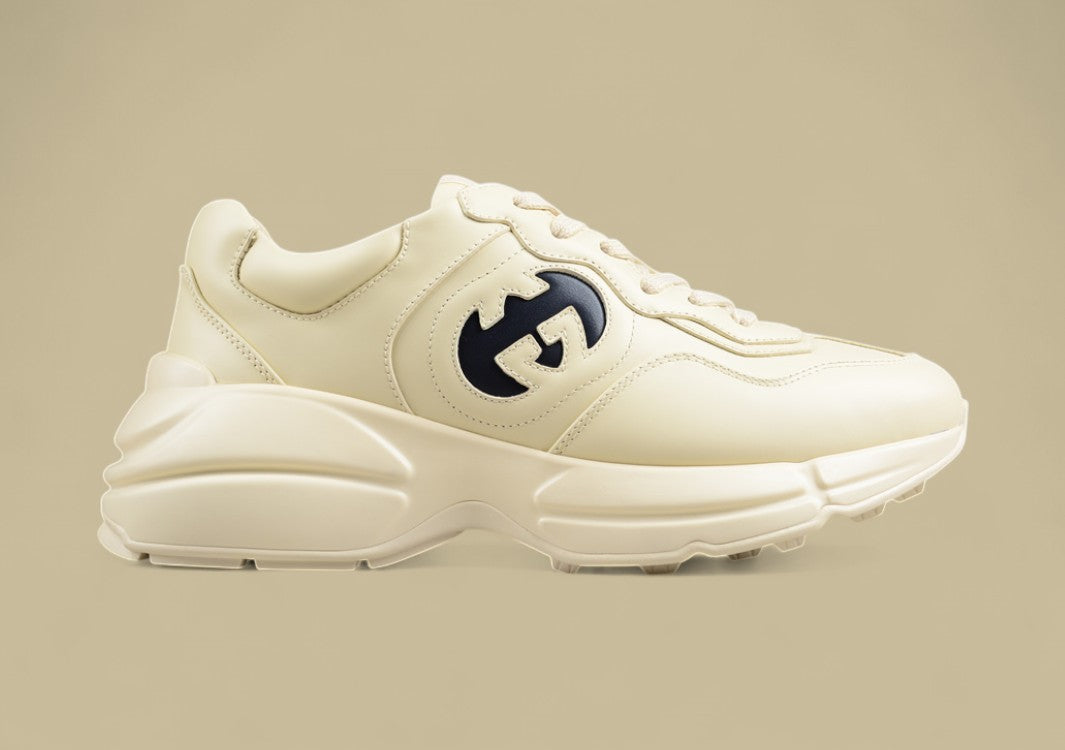 Gucci Rhyton Logo Sneakers Cream Leather Chunky Trainers with Bold Black GG Emblem