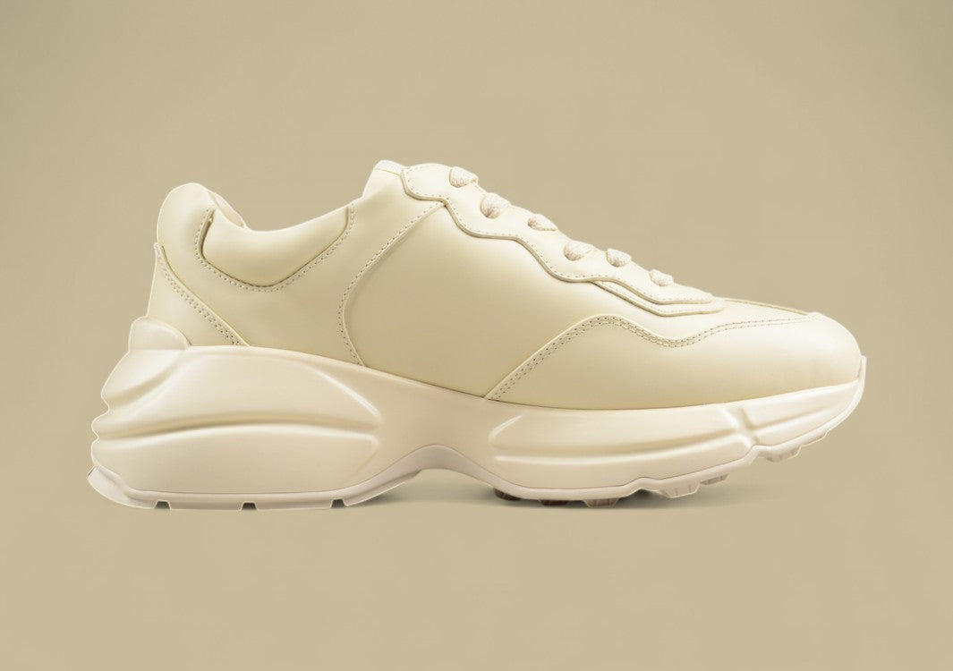 Gucci Rhyton Logo Sneakers Cream Leather Chunky Trainers with Bold Black GG Emblem