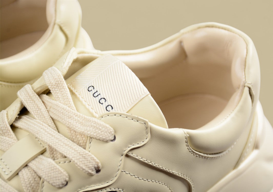 Gucci Rhyton Logo Sneakers Cream Leather Chunky Trainers with Bold Black GG Emblem
