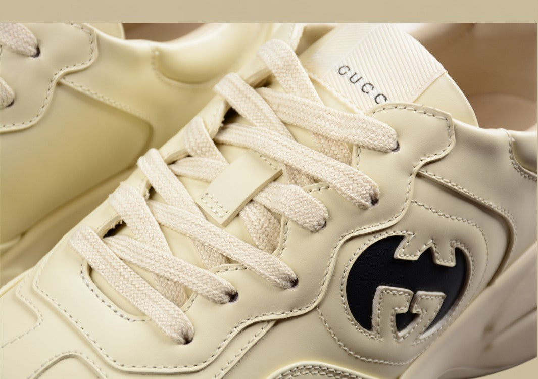 Gucci Rhyton Logo Sneakers Cream Leather Chunky Trainers with Bold Black GG Emblem