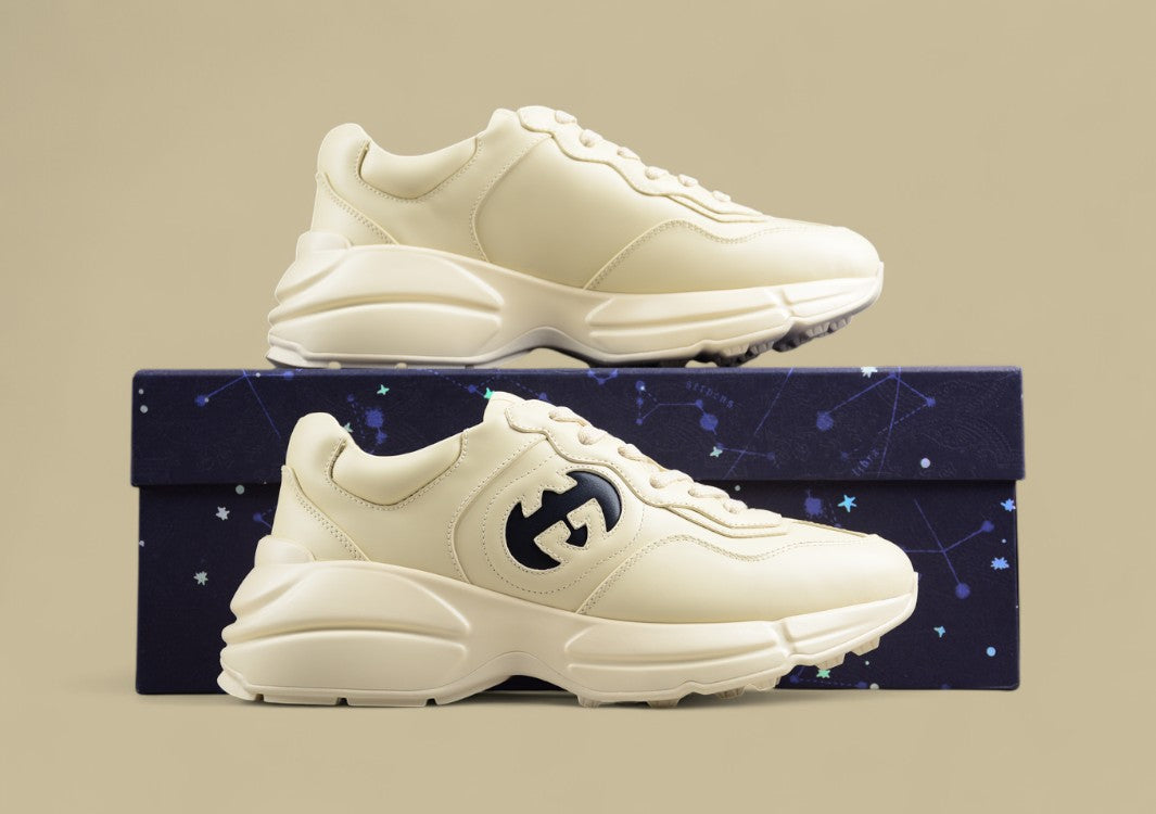 Gucci Rhyton Logo Sneakers Cream Leather Chunky Trainers with Bold Black GG Emblem