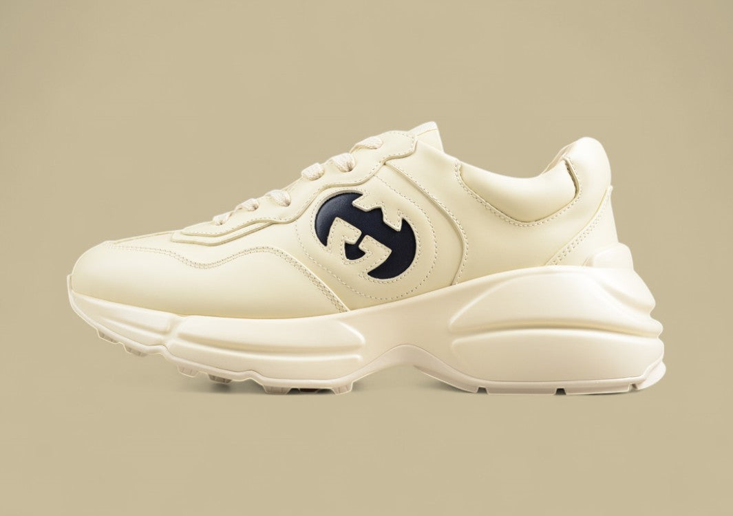 Gucci Rhyton Logo Sneakers Cream Leather Chunky Trainers with Bold Black GG Emblem