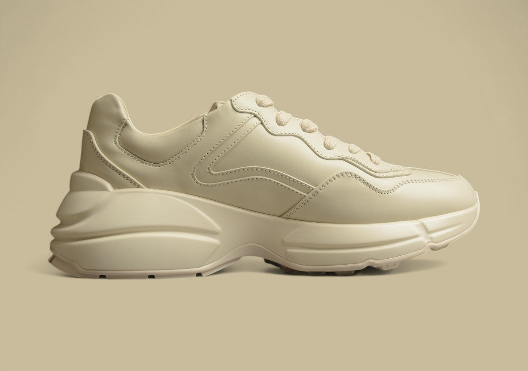 Gucci Rhyton Triple Beige Minimalist Chunky Sole Sneakers in Monochrome Leather