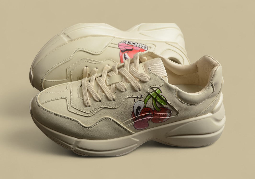 Gucci Rhyton Triple Beige Minimalist Chunky Sole Sneakers in Monochrome Leather