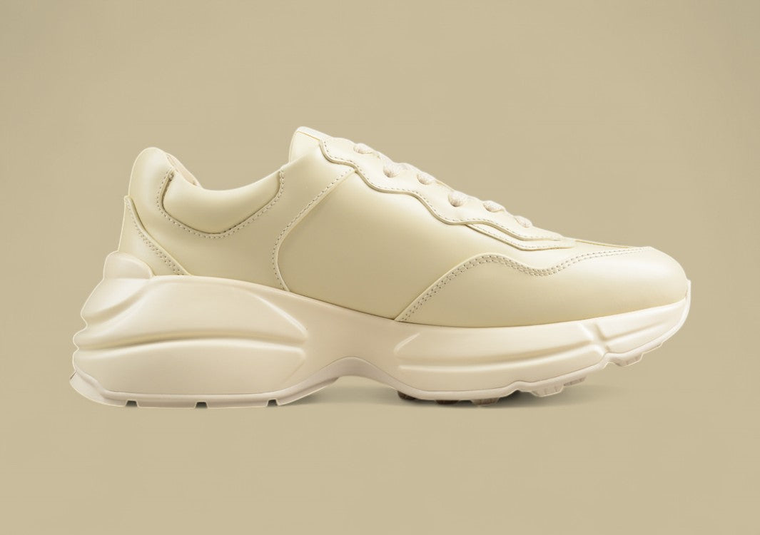 Gucci Rhyton Triple Cream Sneakers Minimalist Chunky Sole Trainers in Monochrome Leather
